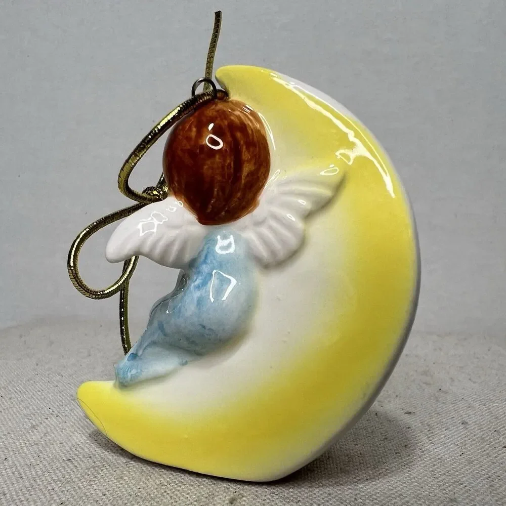 Vintage Pier 1 Japan Porcelain Sleeping Angel Christmas Ornament Blue Moon